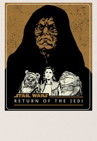 Plakát Star Wars "Návrat Jediho" využívá černou a hnědou barevnou paletu a zobrazuje postavy s detailními linkami a texturovanými pozadími.