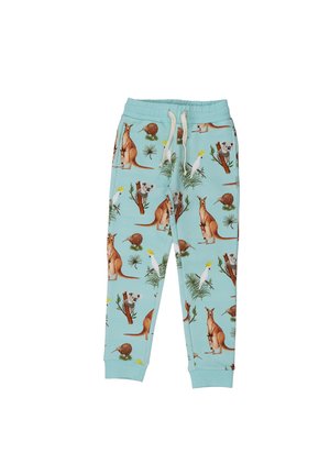 Light blue kids' pants with kangaroo, koala, cockatoo, and kiwi bird prints, elastic waist, and white drawstring.