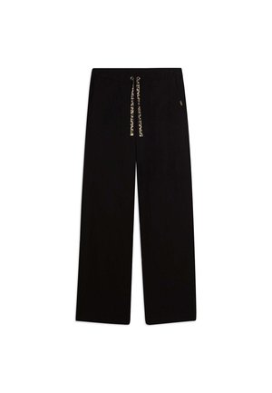 Pantaloni neri a gamba larga con vita elastica e coulisse con stampa leopardata su sfondo bianco.