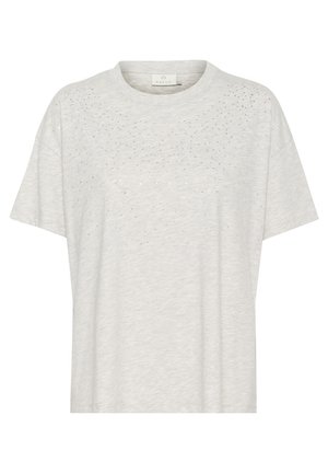 Lysegrå T-shirt med korte ærmer og rund hals, dekoreret med små, spredte sølvnitter på øverste forstykke.