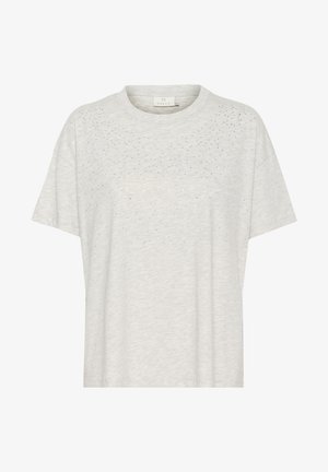 Hellgraues T-Shirt mit kurzen Ärmeln und rundem Ausschnitt, verziert mit kleinen, vereinzelt verteilten silbernen Nieten auf der oberen Vorderseite.