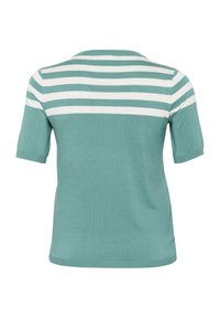 Cămașă scurtă, de culoare teal, cu dungi albe orizontale. Gât rotund și textură netedă. Design fără cusături pe spate pentru un aspect curat.