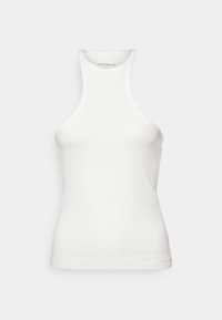 Canotta bianca a coste con scollatura alta e design senza maniche. Presenta una forma aderente e una texture liscia. Etichetta del brand al collo.