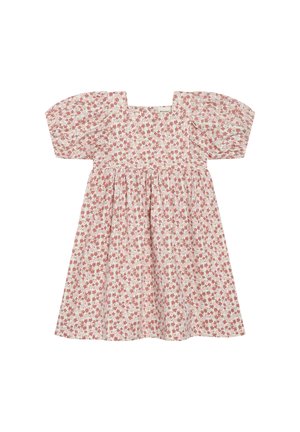 Sukienka w kwiaty z krótkimi bufkami, kwadratowym dekoltem i marszczoną spódnicą. Biały materiał ozdobiony małymi różowymi i zielonymi kwiatkami.