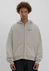 Felpa zip grigia chiara con tasca frontale, vestibilità oversize, polsini a coste e cappuccio. Presenta testo ricamato sul petto.