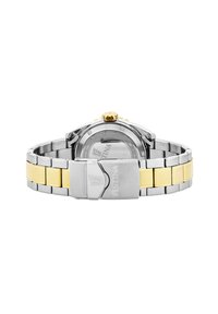 Sudraba un zelta toņu metāla pulkstenis ar strukturētu dzeltenu un sudraba aproci. Iezīmes apaļa korpuss, zelta kronis un iegravēts zīmola logo.