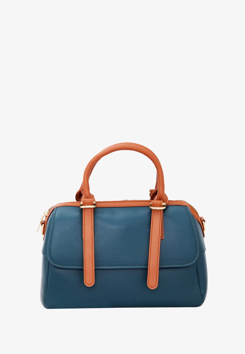 Teal imiteret læder taske med brune accenter, struktureret design, dobbelte håndtag, guldlås og lynlåslukning. Glat tekstur, ingen synlige mønstre.