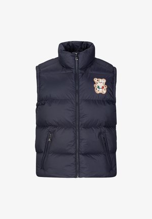 Marineblauer Puffer-Weste mit hohem Kragen, Frontreißverschluss und zwei Seitentaschen. Mit einem Bärenpatch auf der oberen linken Seite. Glatte Textur.