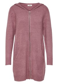 Hooded Zip-Cardigan in staubrosé, mit strukturiertem Strick, gerippten Ärmeln und zwei vorderen Taschen.