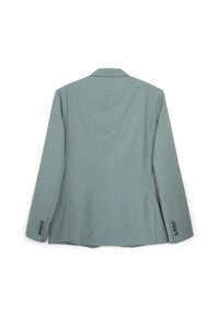 Blazer teal chiaro con rever a punta, maniche lunghe e polsini con tre bottoni. Tessuto liscio, forma su misura e design minimalista sul retro.
