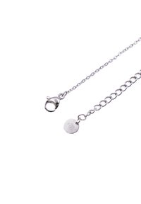 Collana in argento sterling con chiusura a gancio, catena collegata, targhetta circolare con incisione, finitura lucida e lunghezza regolabile.