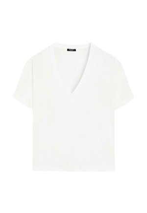 Massimo Dutti, FLOWING CROPPED FIT V-NECK T-SHIRT - T-Shirt basic - white