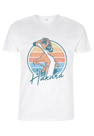 White cotton t-shirt featuring a colorful graphic of a cartoon character against a circular sunset design with "Hakuna" text below.