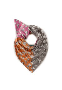 Seidenschal mit Snoopy-Motiven, unterteilt in rosa, orange und graue Abschnitte. Jeder Abschnitt zeigt ein sich wiederholendes Muster von Snoopy-Illustrationen.