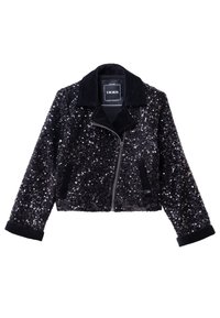 Czarna kurtka cekinowa z zamkiem z przodu, klapami i aksamitnymi rękawami. Posiada krótki fason oraz haftowaną metkę.