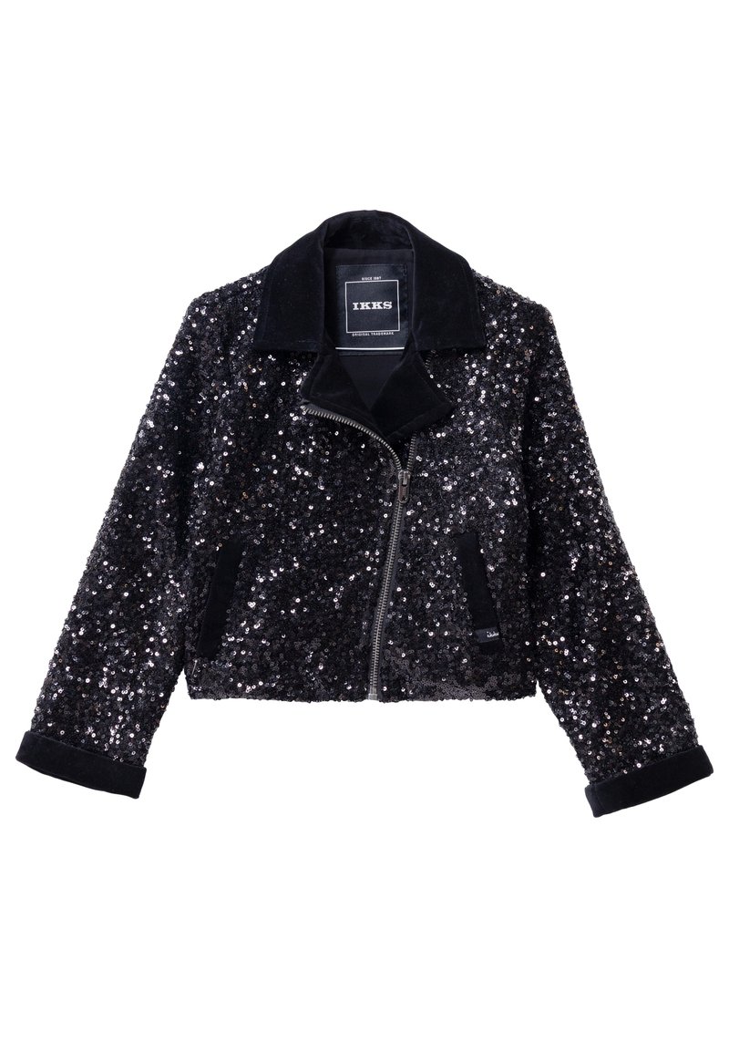 Czarna kurtka cekinowa z zamkiem z przodu, klapami i aksamitnymi rękawami. Posiada krótki fason oraz haftowaną metkę.