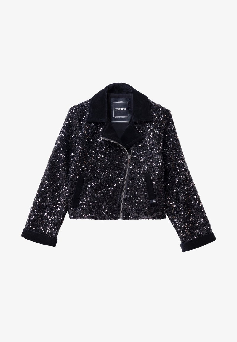 Czarna kurtka cekinowa z zamkiem z przodu, klapami i aksamitnymi rękawami. Posiada krótki fason oraz haftowaną metkę.