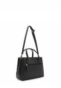 Sac fourre-tout en cuir noir avec deux poignées supérieures, bandoulière réglable, poche zippée extérieure, finition texturée et accents en métal doré.