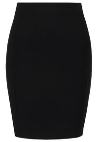 Falda de lápiz negra con silueta ajustada, textura de tela suave, cintura alta y diseño hasta la rodilla. Sin patrones visibles ni elementos metálicos.
