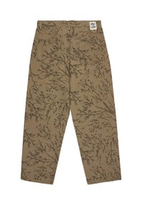 Pantalons cargos en coton marron avec un motif de branches et de feuilles, dotés de deux poches arrière et d'une coupe droite.