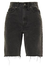 Mustat farkkushortsit korkealla vyötäröllä, revityillä helmoilla ja viidellä taskulla. Varustettu nappikiinnityksellä ja vyölenkeillä. Sujuva pinta.