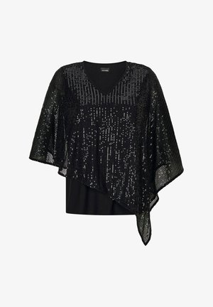 Top noir pailleté avec un décolleté en V et une conception de cape ample et fluide. Le matériau a une texture lisse avec des ornements brillants.