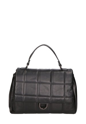 Schwarze Leder-Handtasche mit einem gesteppten Design, strukturiertem Format, einem oberen Griff und kleinen Metallhardware-Details. Glatte Oberfläche, keine Verzierungen.