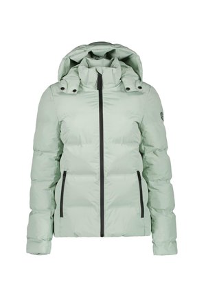 Hellegrüne Pufferjacke mit Kapuze, ausgestattet mit einem Frontreißverschluss, schwarzen Akzenten und Seitentaschen. Glatte Textur mit gestepptem Design.