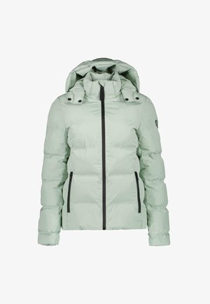 Hellegrüne Pufferjacke mit Kapuze, ausgestattet mit einem Frontreißverschluss, schwarzen Akzenten und Seitentaschen. Glatte Textur mit gestepptem Design.