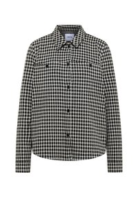 Czarna i biała koszula w kratę z guzikami, z kołnierzykiem, dwiema kieszeniami na piersi, długimi rękawami i lekko zaokrąglonym dołem. Wykonana z teksturowanej tkaniny.