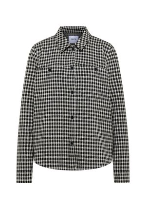 Czarna i biała koszula w kratę z guzikami, z kołnierzykiem, dwiema kieszeniami na piersi, długimi rękawami i lekko zaokrąglonym dołem. Wykonana z teksturowanej tkaniny.