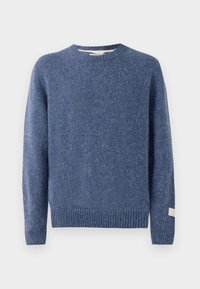 Maglione blu lavorato a maglia con collo rotondo, polsini a costine e orlo. Realizzato in materiale morbido con una finitura leggermente texturizzata. Etichetta sul maniche.