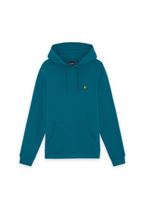 Siniseroheline pullover-tüüpi kapuutsiga dressipluus esiküljel kotitasku, kapuuts nööridega, soonikkoes mansetid ja vasakul rinnal väike kollane linnulogo.