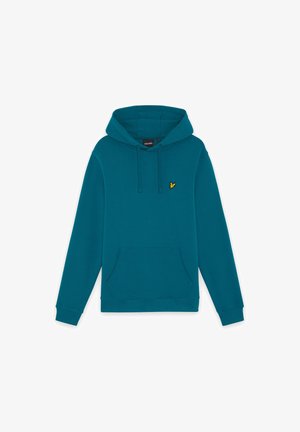 Modrý pulóver s kapucňou, predným vreckom, šnúrkou na kapucni, rebrovanými manžetami a malým žltým logom vtáka na ľavej strane hrude.