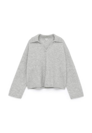 Grey knitted sweater with a V-neck, long sleeves, and a collar. The texture is soft, made from a light, fluffy material.