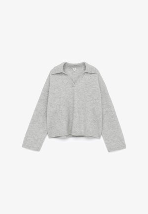 Grey knitted sweater with a V-neck, long sleeves, and a collar. The texture is soft, made from a light, fluffy material.