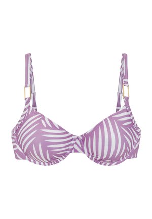 Lila BH mit weißem tropischem Blättermuster, verstellbaren Trägern und rechteckigen Beschlägen in Goldoptik vor weißem Hintergrund.