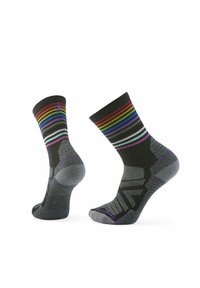 Mittelhohe Socken in Dunkelgrau mit bunten horizontalen Streifen am oberen Rand, ausgestattet mit einem strukturierten Muster sowie verstärktem Fersen- und Zehenbereich.