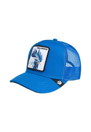 Bright blue mesh baseball cap with a detailed rooster patch labeled "HOLLYWOOD" on front panel.