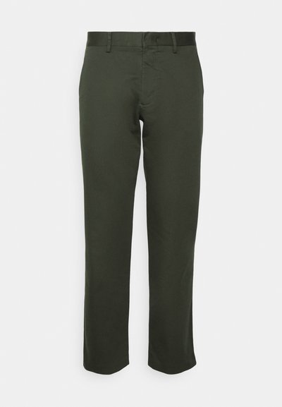 Dunkelgrüne, gerade geschnittene Hose aus Baumwollmischgewebe. Sie hat einen flachen Bund, Gürtelschlaufen und keine sichtbaren Muster oder Akzente.
