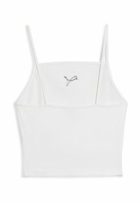 Hvid ribbet crop top med spaghetti stropper og et lille, broderet logo på midten foran. Blødt materiale og tætsiddende design.