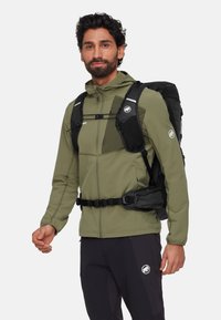 Leichte, olivgrüne Jacke mit einem Reißverschluss vorne, kombiniert mit einem schwarzen Rucksack mit verstellbaren Trägern und Mesh-Akzenten.