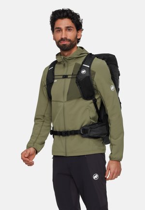 Lightweight, olive green jacket with a zip-up front, paired with a black backpack featuring adjustable straps and mesh accents.