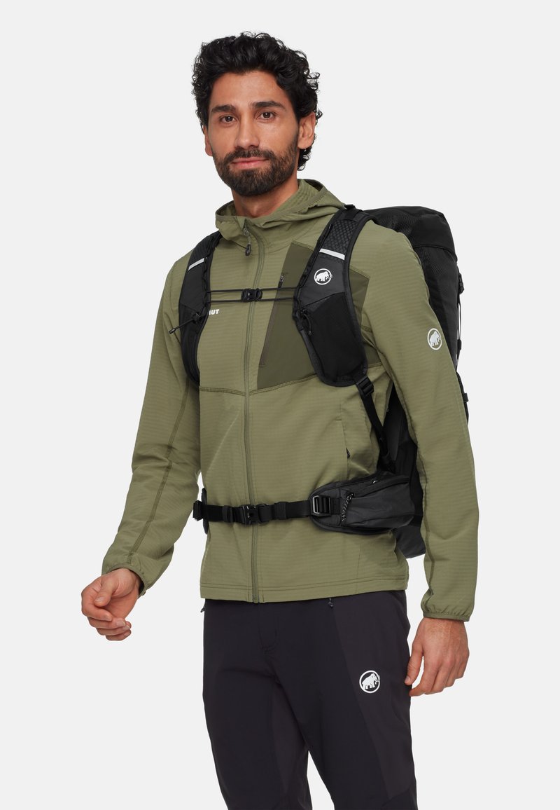 Leichte, olivgrüne Jacke mit einem Reißverschluss vorne, kombiniert mit einem schwarzen Rucksack mit verstellbaren Trägern und Mesh-Akzenten.