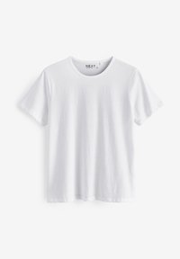 T-shirt bianco a maniche corte realizzato in cotone, con un classico scollo rotondo e una texture liscia e uniforme, priva di motivi o dettagli.