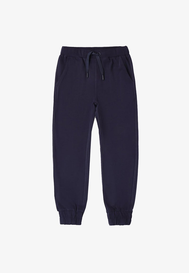 Marineblauwe joggingsbroek van zacht katoen, met een elastische tailleband met trekkoord, zijzakken en elastische manchetten bij de enkels.