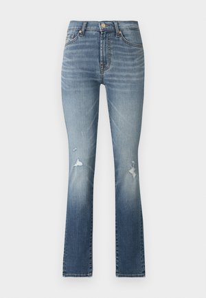 Light blue denim flared jeans with a high waist, featuring two front pockets and distressed detailing on the thighs.