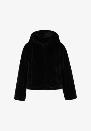 Black faux fur hoodie with a cropped design, long sleeves, and a front button closure. Soft texture with a solid color and no patterns.