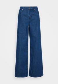 Pantaloni din denim albastru cu croi larg, talie înaltă, cu buzunare frontale, închidere cu buton și textură fină a materialului.