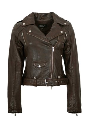 Dunkelbraune Leder-Bikerjacke mit asymmetrischem Frontreißverschluss, Reißverschlusstaschen, Druckknöpfen und einem taillierten Gürtel.